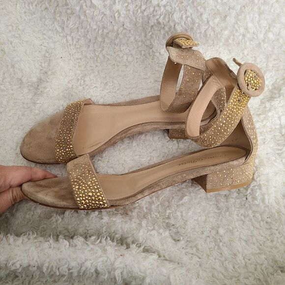 Gianvito Tan Suede Rhinestone Embellished Ankle Strap Sandals sz 39 - Picture 4 of 9